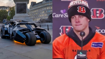 Photos of Tumbler Batmobile and Joe Burrow speaking to reporters