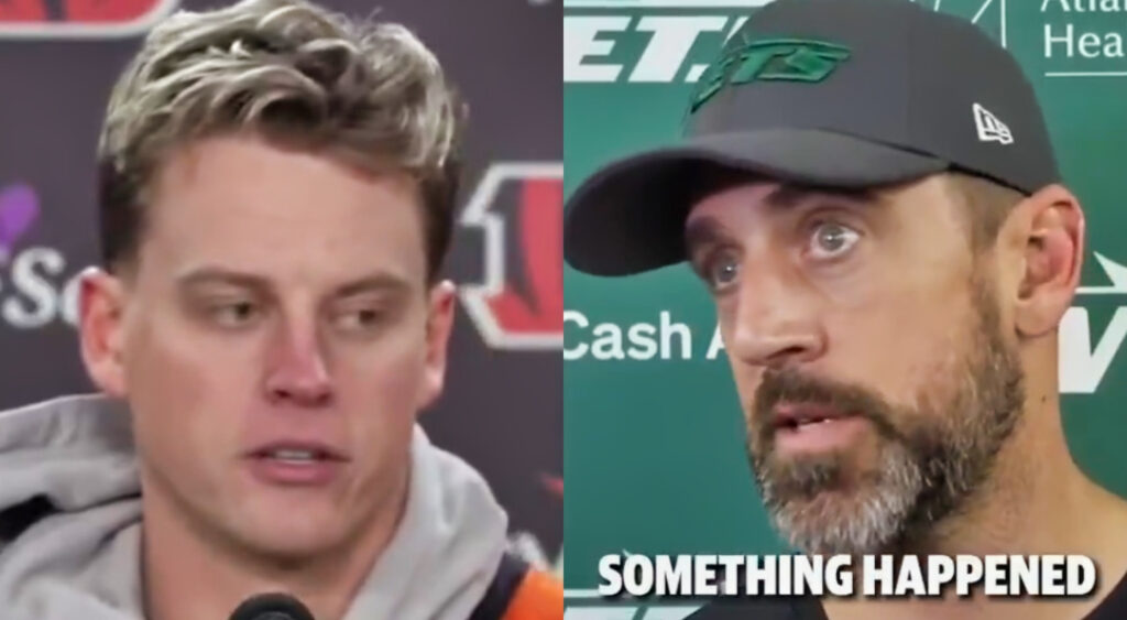 Photos of Joe Burrow and Aaron Rodgers speaking to reporters