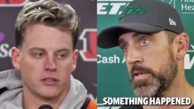 Photos of Joe Burrow and Aaron Rodgers speaking to reporters