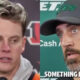 Photos of Joe Burrow and Aaron Rodgers speaking to reporters