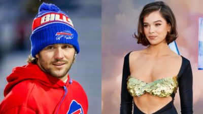 Josh Allen in Bills gear and Hailee Steinfeld posing in dress