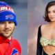 Josh Allen in Bills gear and Hailee Steinfeld posing in dress