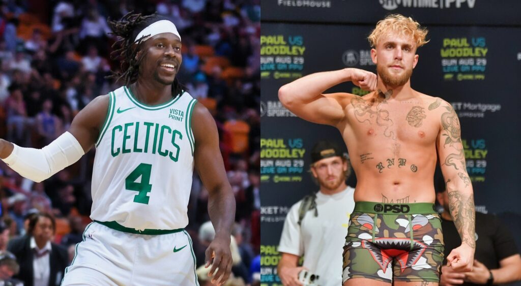 Jrue Holiday of the Boston Celtics and Jake Paul poses during the weigh in event