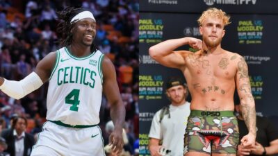 Jrue Holiday of the Boston Celtics and Jake Paul poses during the weigh in event