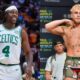 Jrue Holiday of the Boston Celtics and Jake Paul poses during the weigh in event