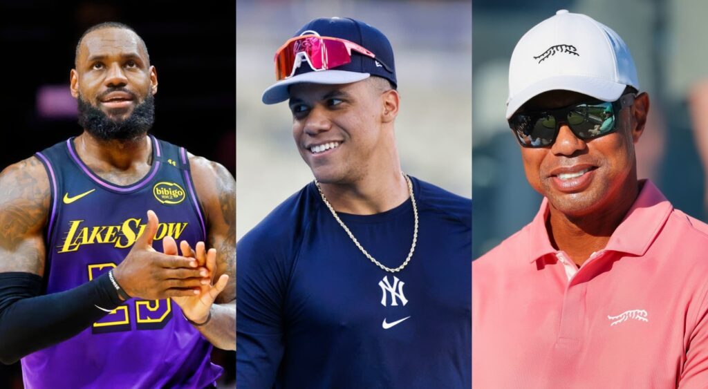 Juan Soto in Yankees gear, LeBron James in uniform, and Tiger Woods on golf course