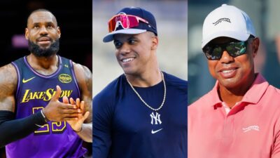 Juan Soto in Yankees gear, LeBron James in uniform, and Tiger Woods on golf course