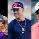 Juan Soto in Yankees gear, LeBron James in uniform, and Tiger Woods on golf course