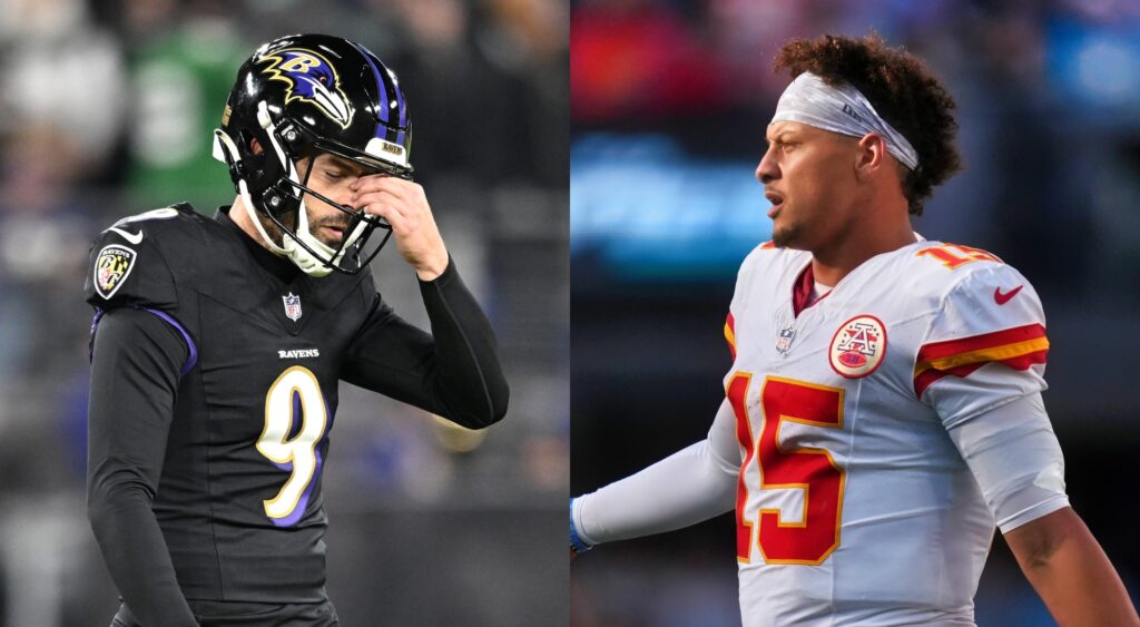 Justin Tucker frustrated and Patrick Mahomes shrugging.