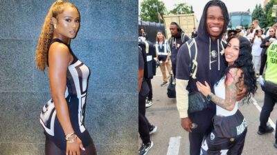 Photo of Kayla Nicole in short dress and photo of Travis Hunter posing with Leanna Lenee