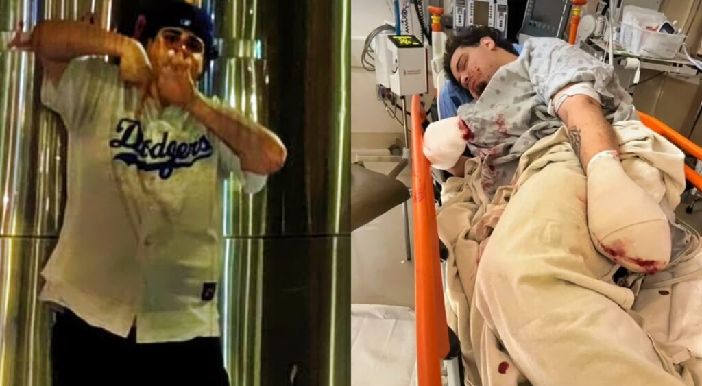 Photo of Kevin King in Dodgers jersey and photo of Kevin King in hospital bed