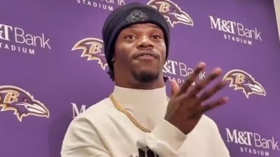 Lamar Jackson speaking to reporters