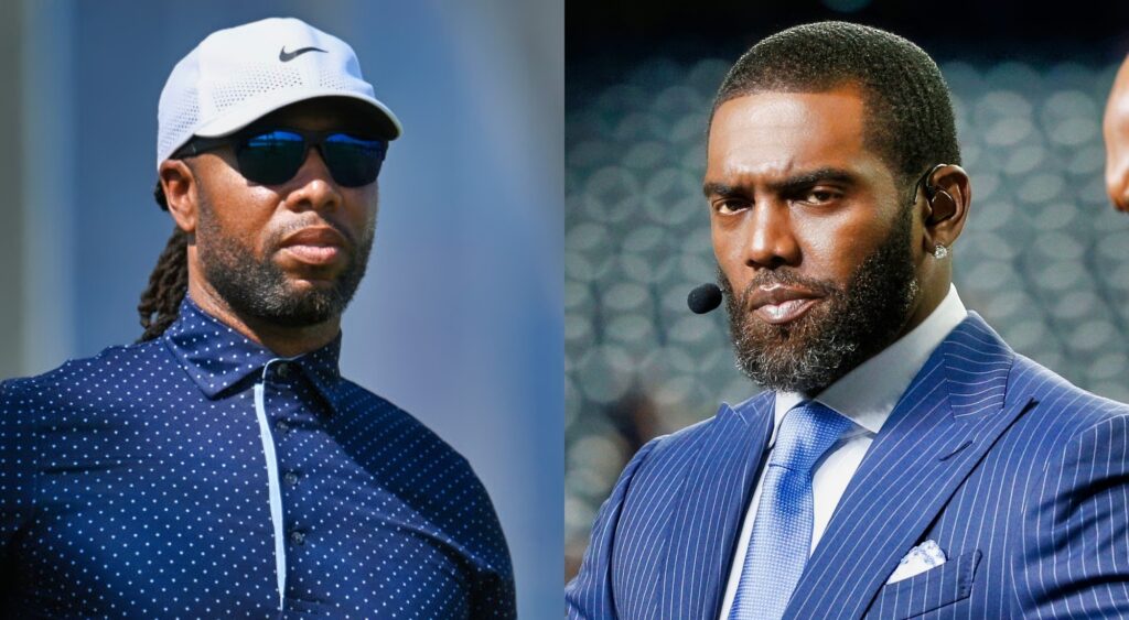 Larry Fitzgerald in Nike cap and Randy Moss in suit