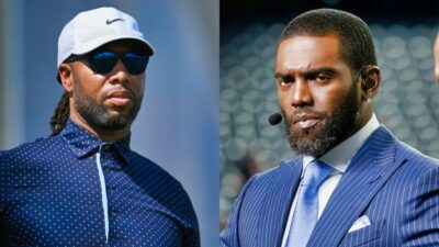 Larry Fitzgerald in Nike cap and Randy Moss in suit