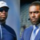 Larry Fitzgerald in Nike cap and Randy Moss in suit