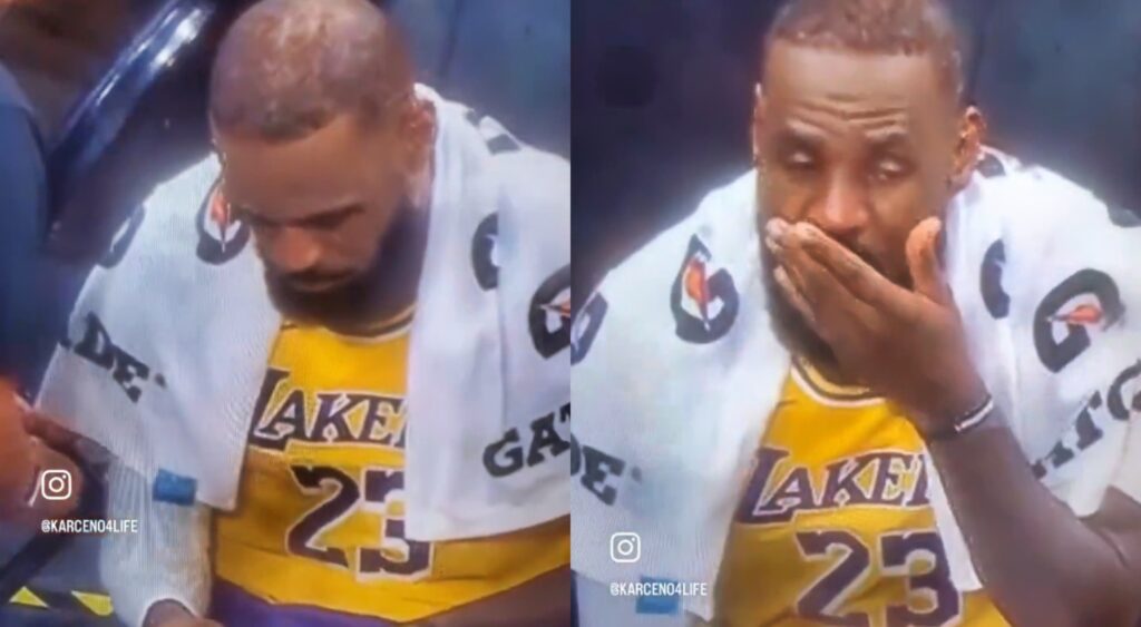 LeBron James taking a pill on the Lakers bench