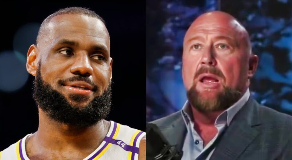 LeBron James on court and Alex Jones in studio