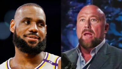 LeBron James on court and Alex Jones in studio