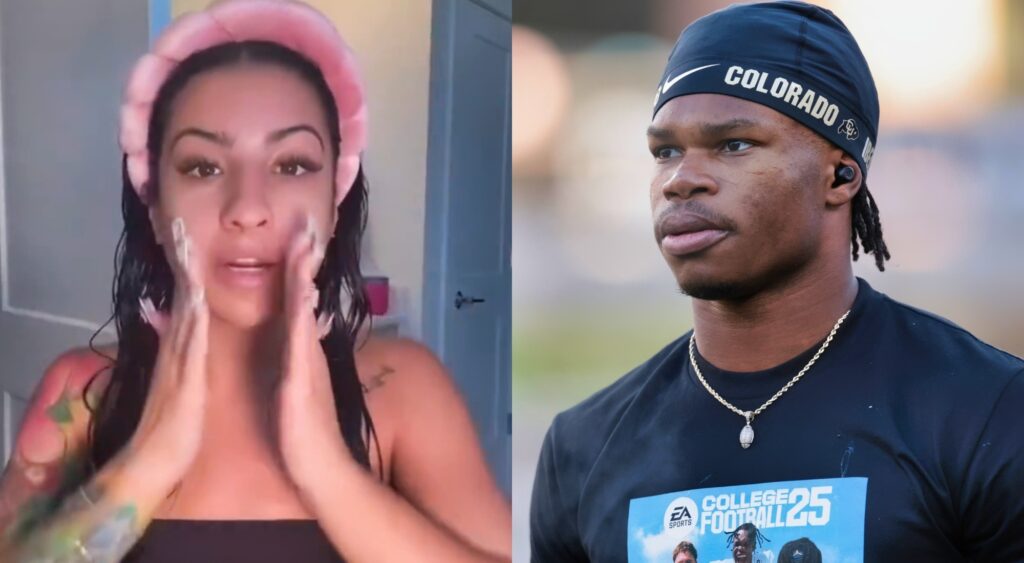 Leanna Lenee touching her face (left) and Travis Hunter wearing College Football 25 T-shirt (right)