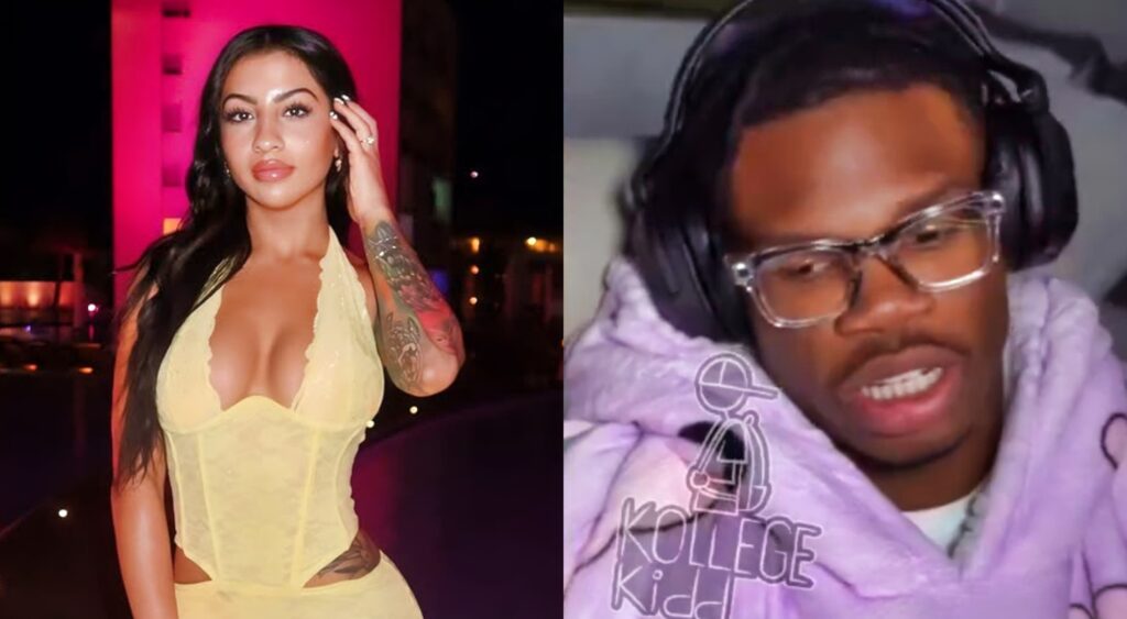 Photo of Leanna Lenee in revealing outfit and photo of Travis Hunter with headphones on