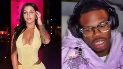 Photo of Leanna Lenee in revealing outfit and photo of Travis Hunter with headphones on