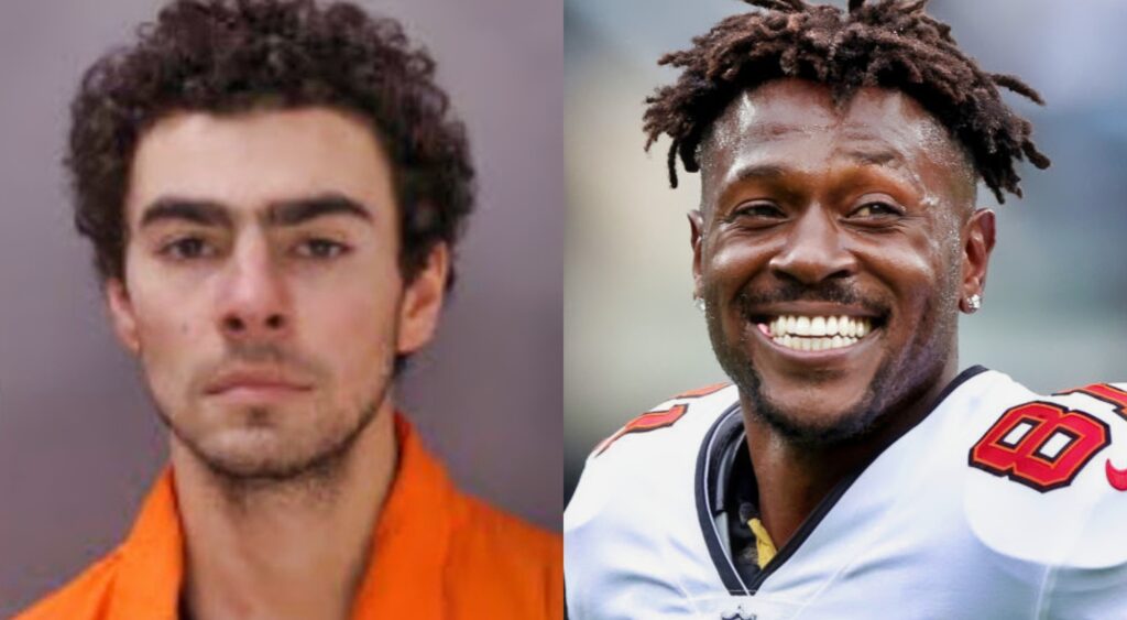 Luigi Mangione's mug shot and Antonio Brown in Bucs uniform