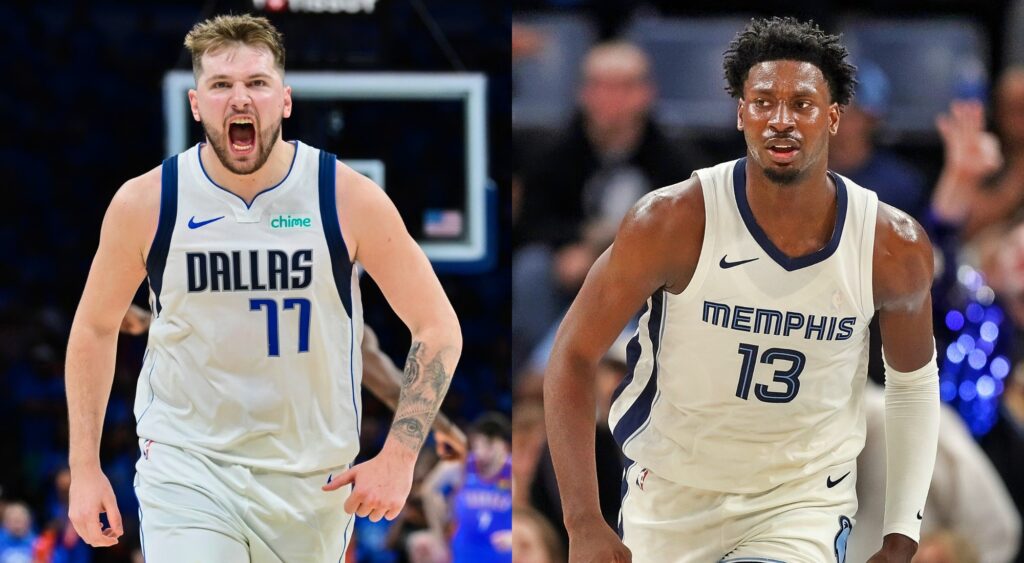 Luka Doncic f the Dallas Mavericks and Jaren Jackson Jr. of the Memphis Grizzlies