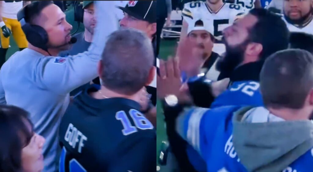 Matt LaFleur arguing with Lions fan