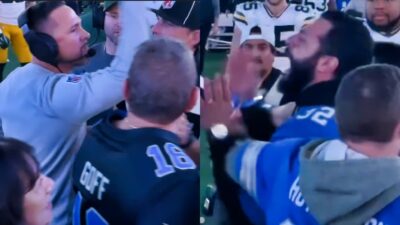 Matt LaFleur arguing with Lions fan