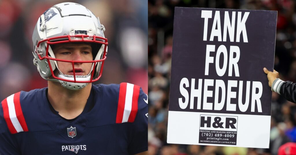 Drake Maye looks on (left). "Tank For Shedeur" sign about Shedeur Sanders (right).