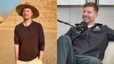 Photo of MrBeast near the pyramids and photo of MrBeast speaking into mic