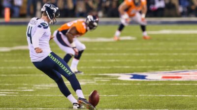 Kicker Steven Hauschka of the Seattle Seahawks kicks off to start the game against the Denver Broncos in the first quarter during Super Bowl XLVIII at MetLife Stadium on February 2, 2014