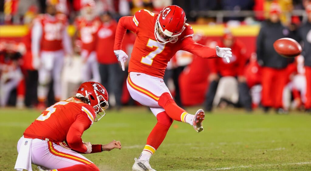 Harrison Butker of the Kansas City Chiefs kicks the game winning field goal to defeat the Cincinnati Bengals 23-20 in the AFC Championship Game