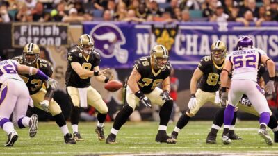 Drew Brees of the New Orleans Saints receives the snap in the shotgun formation against the Minnesota Vikings during the NFC Championship Game at the Louisana Superdome on January 24, 2010