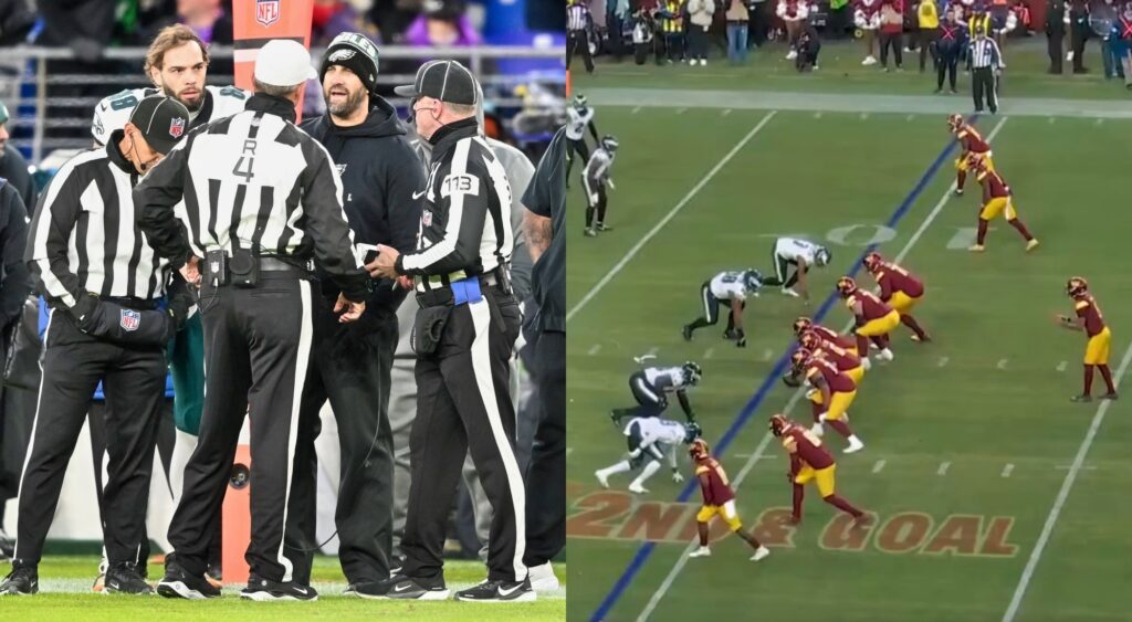 Photo of Nick Sirianni speaking to NFL refs and photo of Washington Commanders lining up vs. Philadelphia Eagles