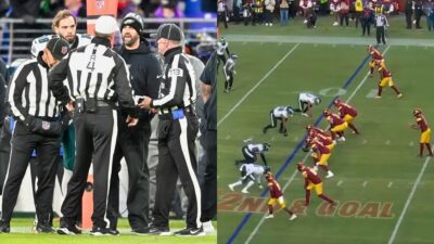 Photo of Nick Sirianni speaking to NFL refs and photo of Washington Commanders lining up vs. Philadelphia Eagles