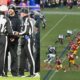 Photo of Nick Sirianni speaking to NFL refs and photo of Washington Commanders lining up vs. Philadelphia Eagles