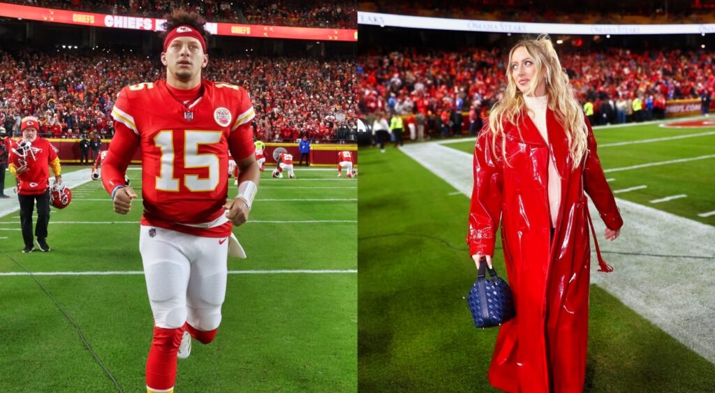 Patrick Mahomes in uniform and Brittany in outfit