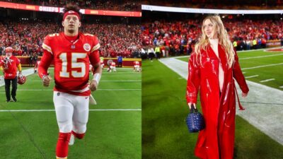 Patrick Mahomes in uniform and Brittany in outfit