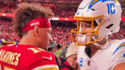 Patrick Mahomes embracing Justin Herbert