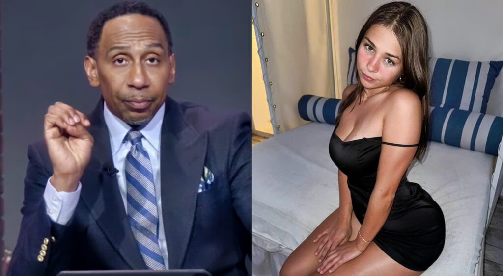 Sophie Rain posing on bed and Stephen A Smith on podcast