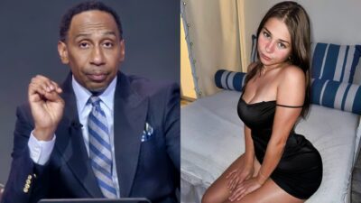 Sophie Rain posing on bed and Stephen A Smith on podcast