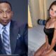 Sophie Rain posing on bed and Stephen A Smith on podcast