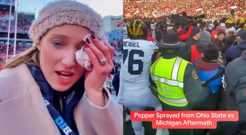 Photo of Stephanie Otey holding tissue to an eye and photo of Michigan-Ohio State brawl