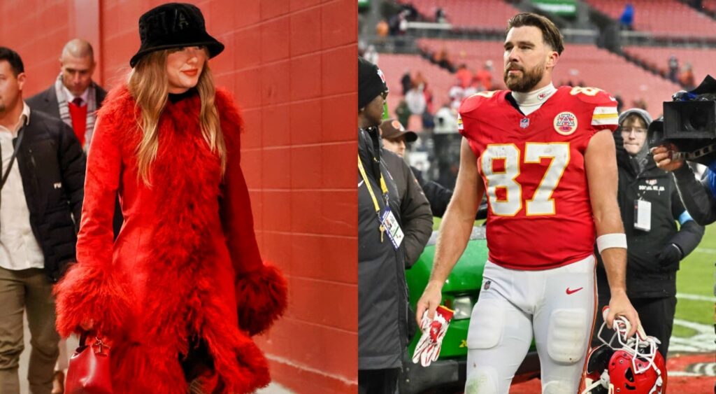 Taylor Swift in Arrowhead Stadium and Travis Kelce in uniform