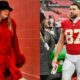 Taylor Swift in Arrowhead Stadium and Travis Kelce in uniform