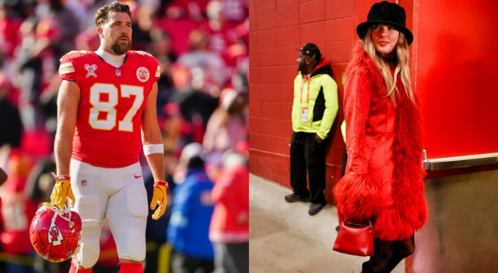 Taylor Swift inside Stadium and Travis Kelce in uniform