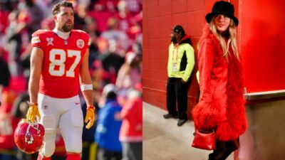 Taylor Swift inside Stadium and Travis Kelce in uniform