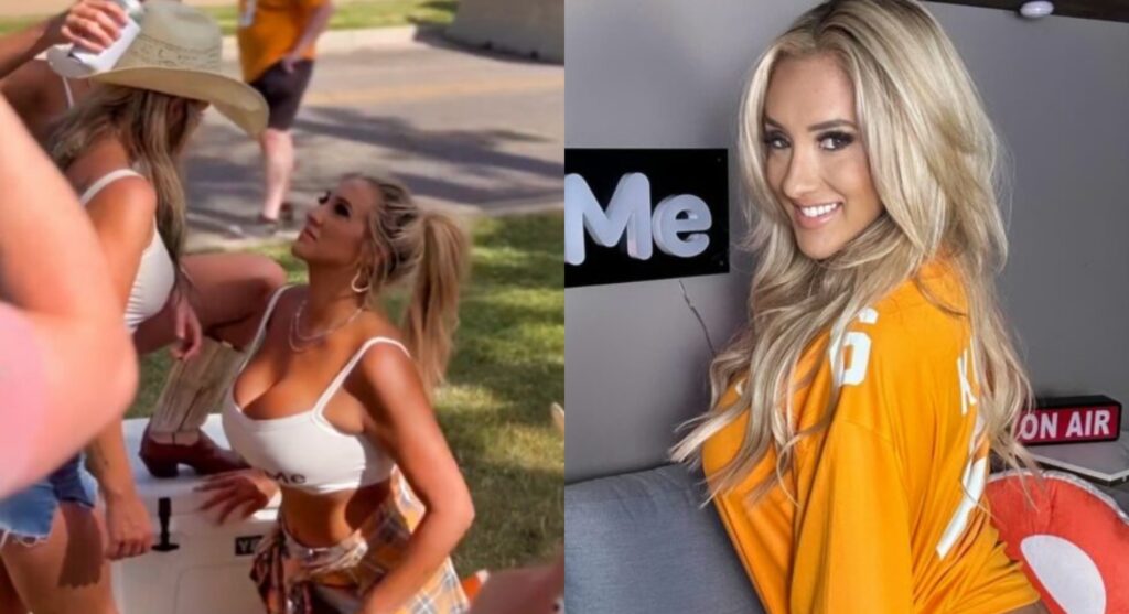 Sara Blake Cheek partying at tailgate and posing in Tennessee jersey.