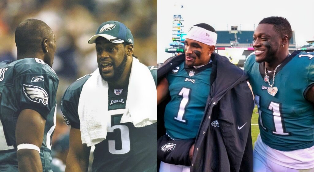 Terrell Owens, Donovan McNabb, Jalen Hurts, AJ Brown all in Eagles uniform